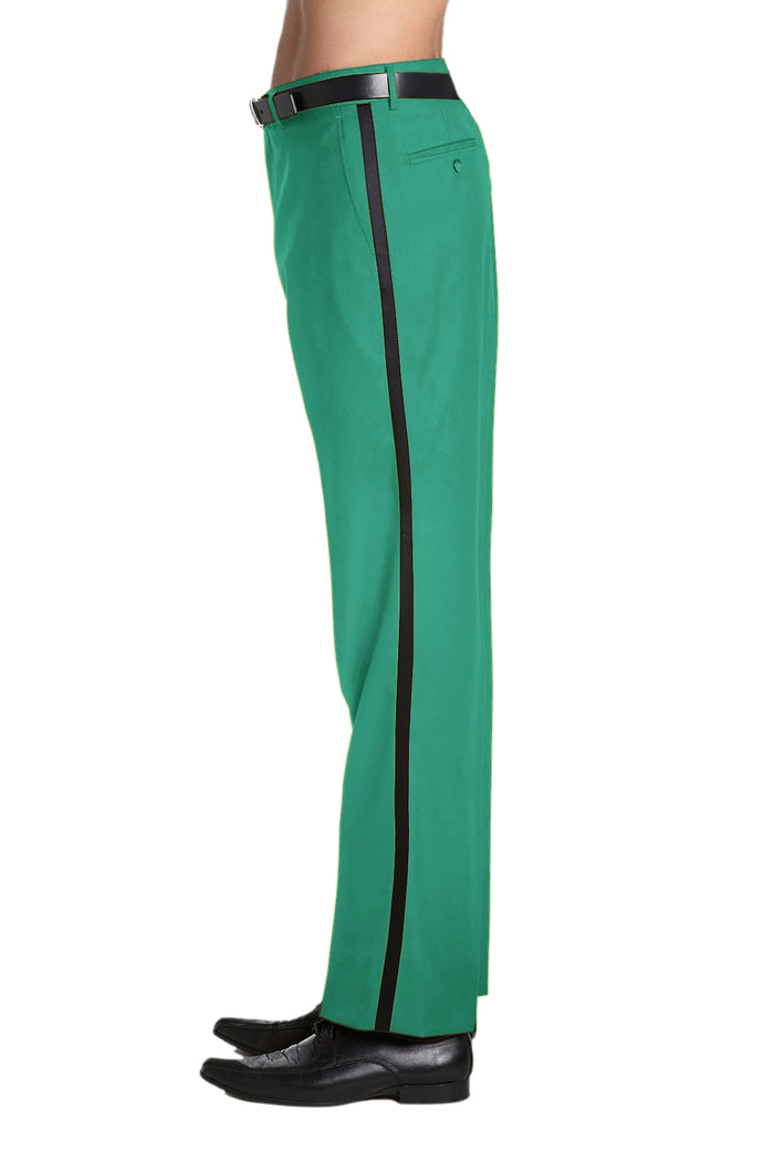 Mens Tuxedo Dress Pants Flat Front Satin Band Mens Tux Pant Trousers - Emerald Green with Black Strip