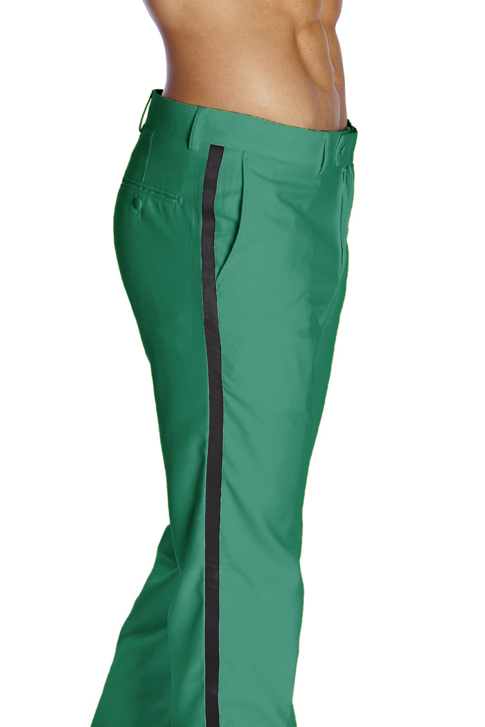 Mens Tuxedo Dress Pants Flat Front Satin Band Mens Tux Pant Trousers - Emerald Green with Black Strip