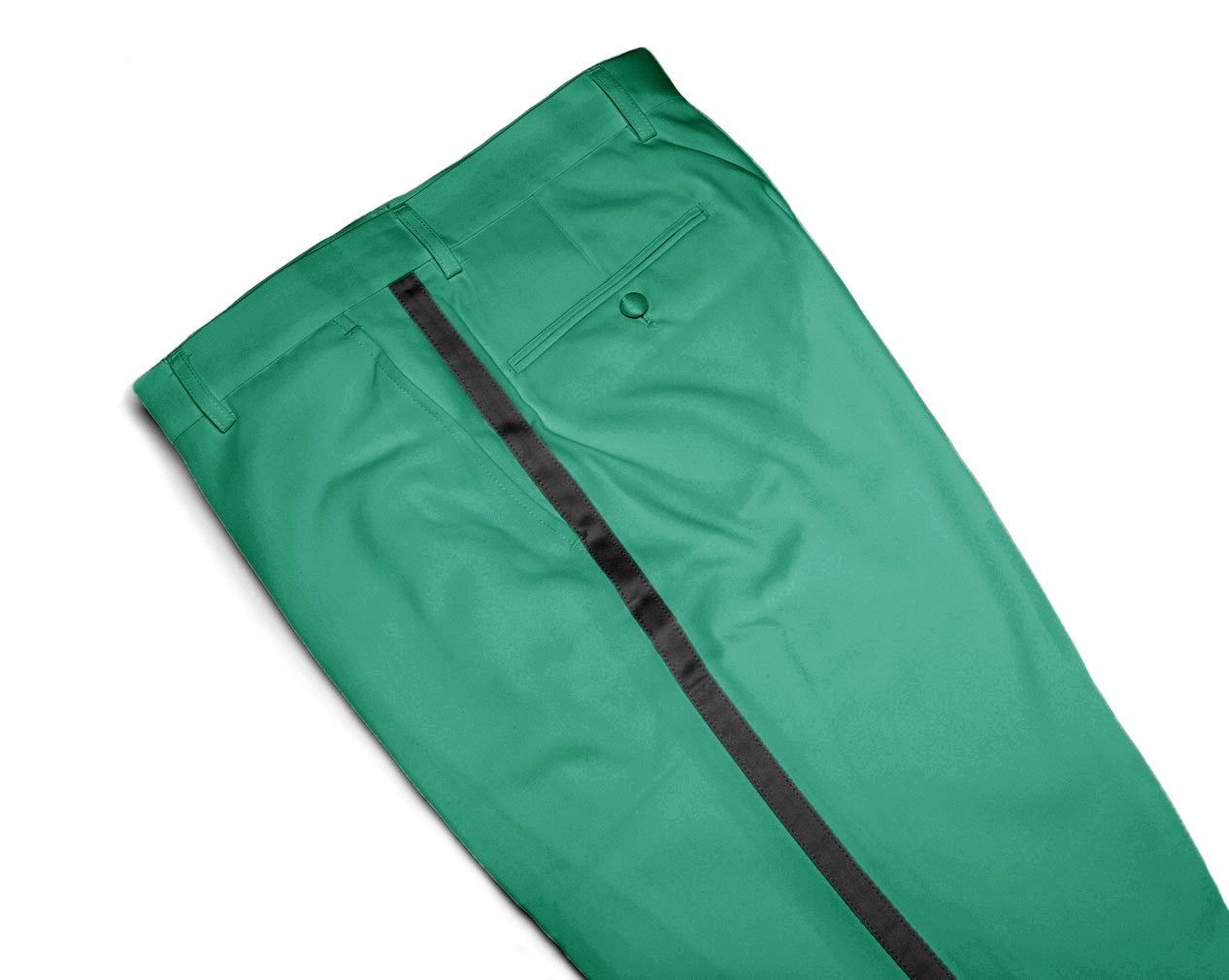 Mens Tuxedo Dress Pants Flat Front Satin Band Mens Tux Pant Trousers - Emerald Green with Black Strip