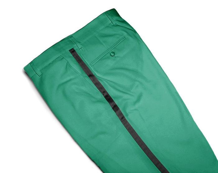 Mens Tuxedo Dress Pants Flat Front Satin Band Mens Tux Pant Trousers - Emerald Green with Black Strip