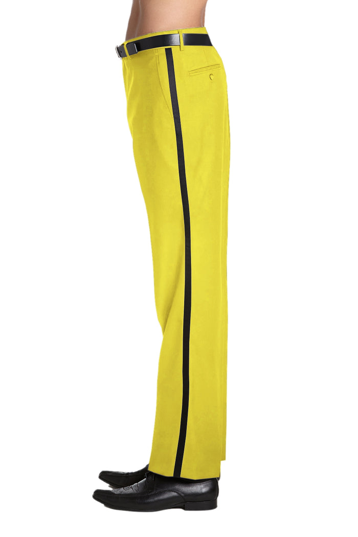 Mens Tuxedo Dress Pants Flat Front Satin Band Mens Tux Pant Trousers - Yellow with Black Strip