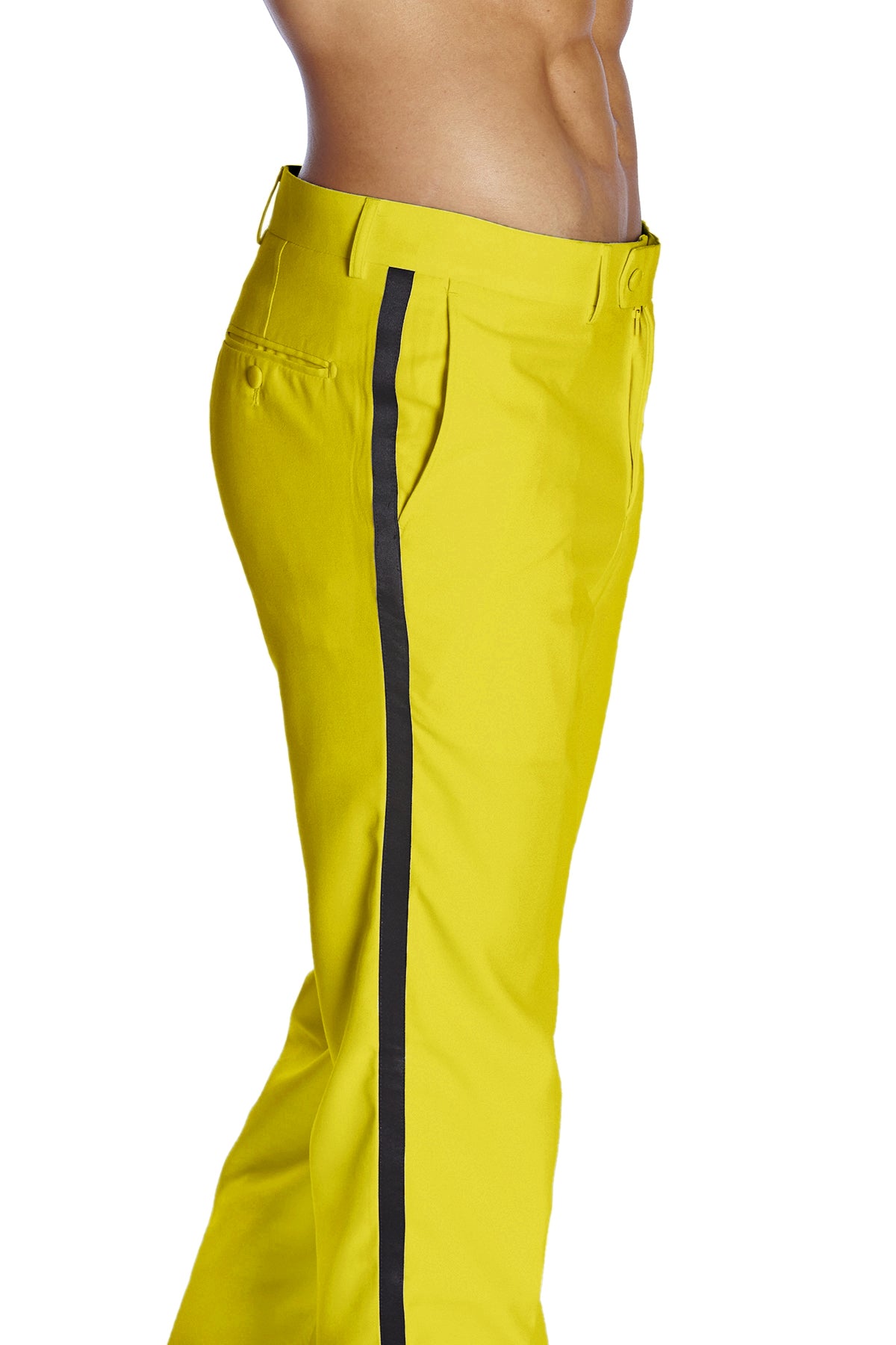 Mens Tuxedo Dress Pants Flat Front Satin Band Mens Tux Pant Trousers - Yellow with Black Strip