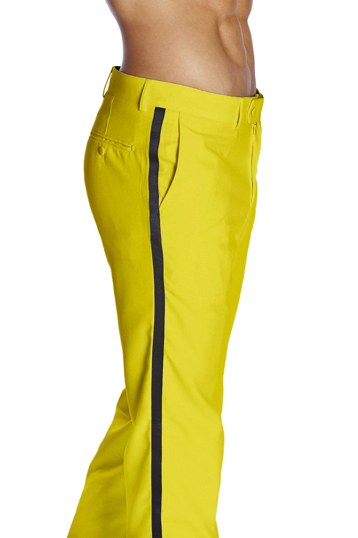 Mens Tuxedo Dress Pants Flat Front Satin Band Mens Tux Pant Trousers - Yellow with Black Strip