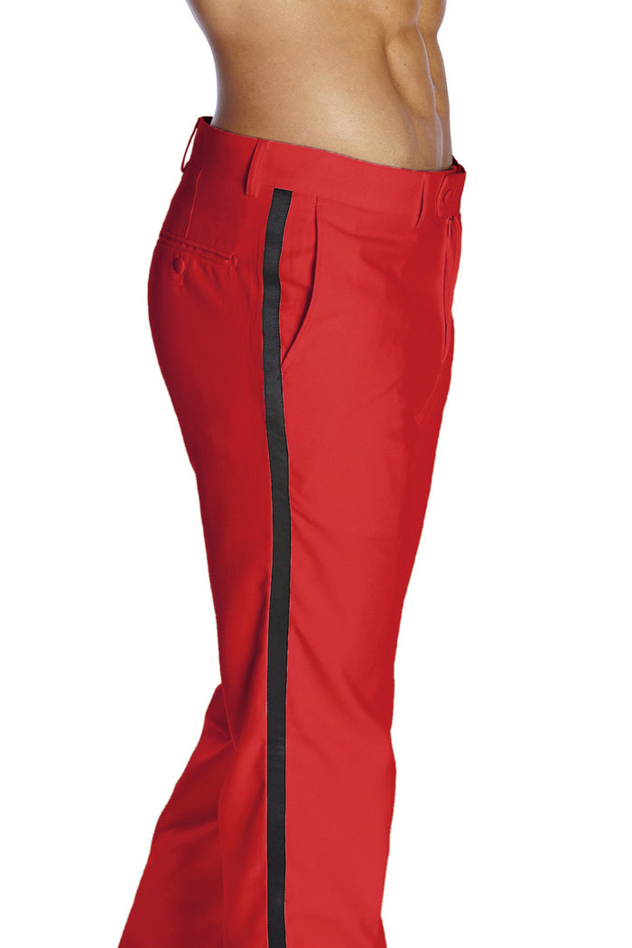 Mens Tuxedo Dress Pants Flat Front Satin Band Mens Tux Pant Trousers - Red with Black Strip