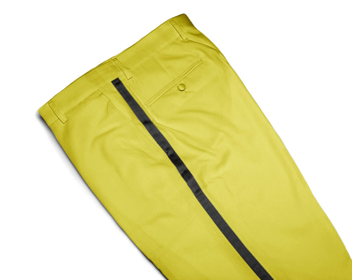 Mens Tuxedo Dress Pants Flat Front Satin Band Mens Tux Pant Trousers - Yellow with Black Strip