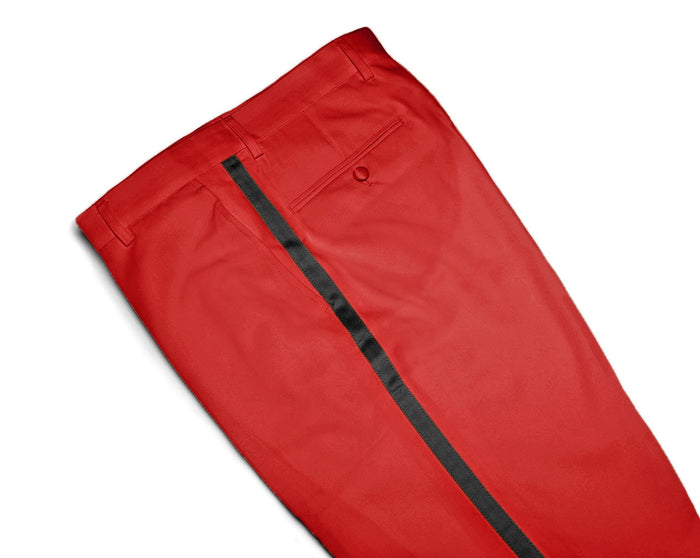 Mens Tuxedo Dress Pants Flat Front Satin Band Mens Tux Pant Trousers - Red with Black Strip