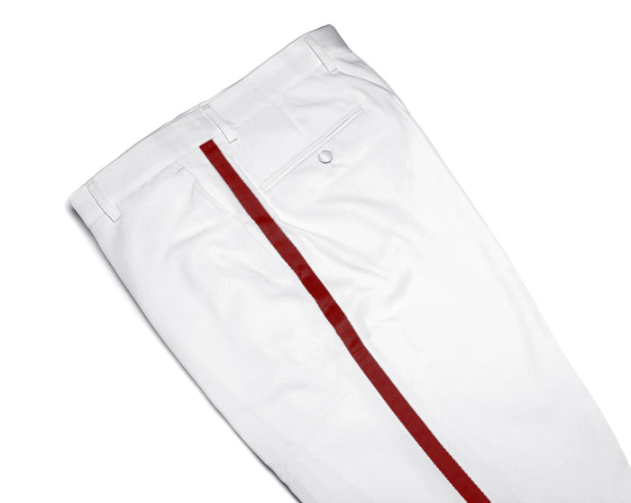 Mens Tuxedo Dress Pants Flat Front Satin Band Mens Tux Pant Trousers - White with Red Strip