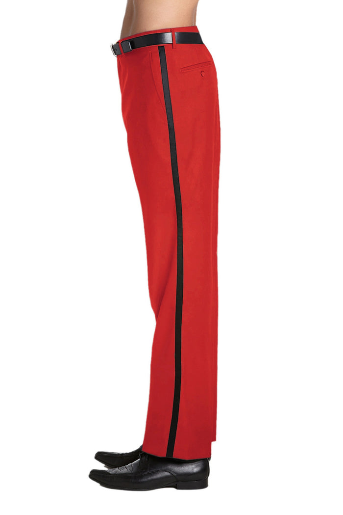 Mens Tuxedo Dress Pants Flat Front Satin Band Mens Tux Pant Trousers - Red with Black Strip