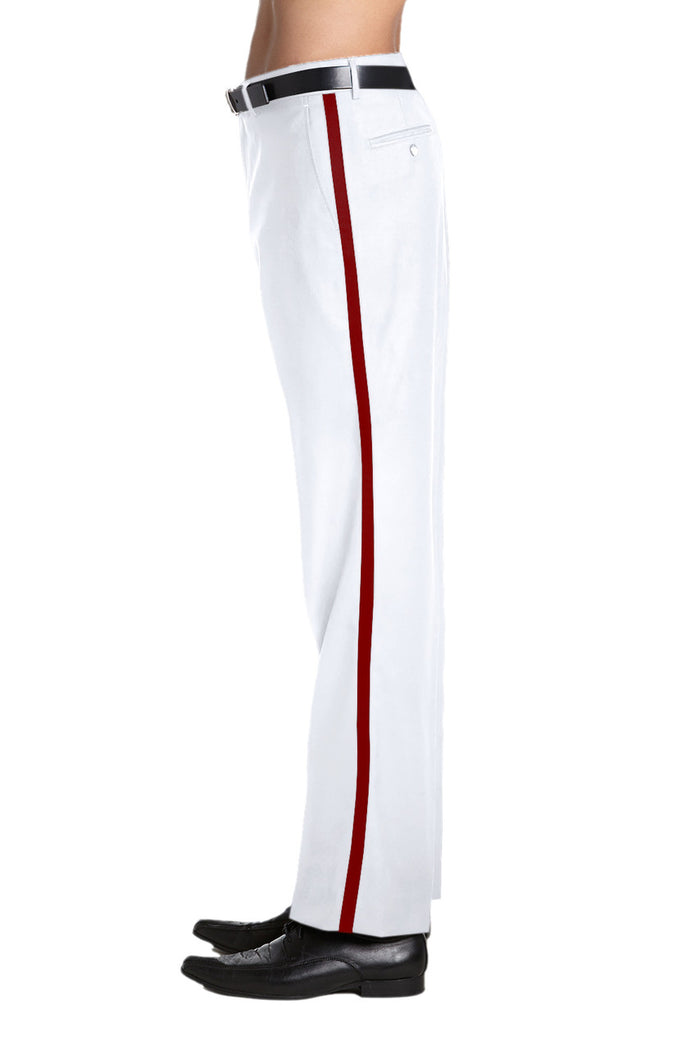 Mens Tuxedo Dress Pants Flat Front Satin Band Mens Tux Pant Trousers - White with Black Stripe