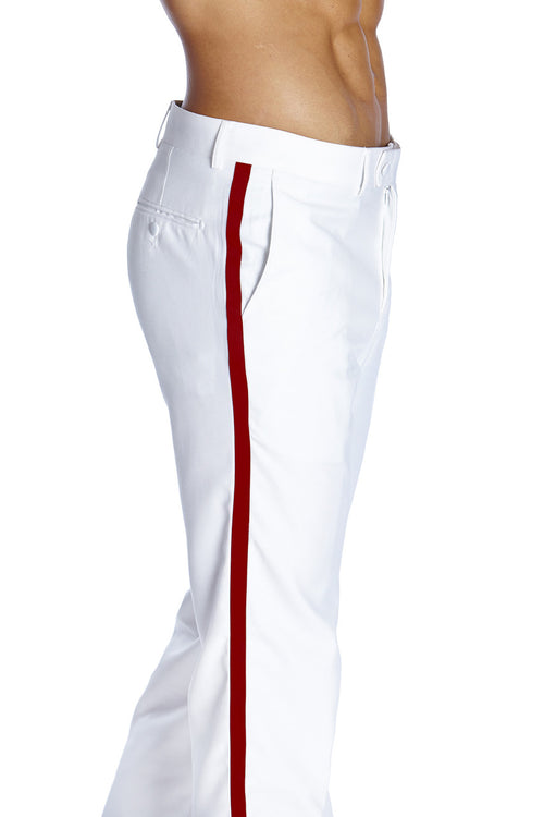 Mens Tuxedo Dress Pants Flat Front Satin Band Mens Tux Pant Trousers - White with Red Strip