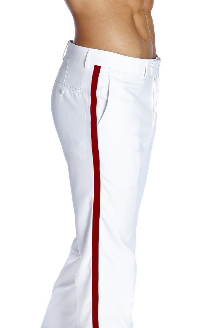 Mens Tuxedo Dress Pants Flat Front Satin Band Mens Tux Pant Trousers - White with Red Strip