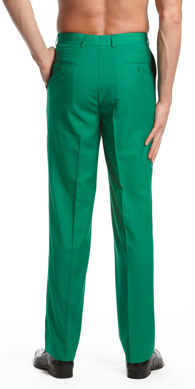 Mens Tuxedo Dress Pants Flat Front Satin Band Mens Tux Pant Trousers - Emerald Green with Black Strip