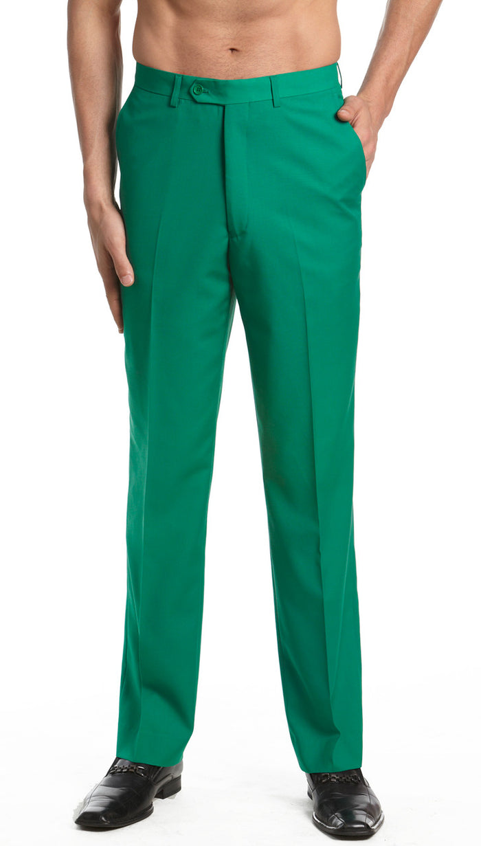 Mens Tuxedo Dress Pants Flat Front Satin Band Mens Tux Pant Trousers - Emerald Green with Black Strip