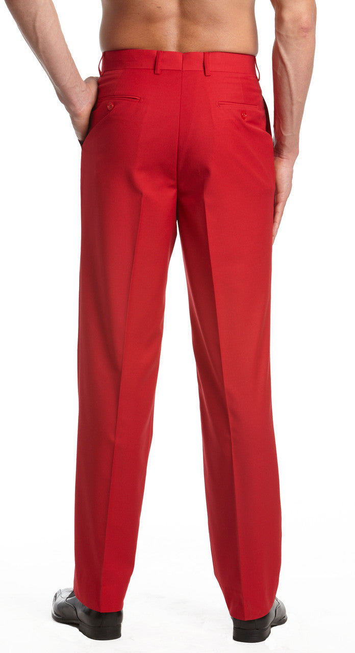 Mens Tuxedo Dress Pants Flat Front Satin Band Mens Tux Pant Trousers - Red with Black Strip