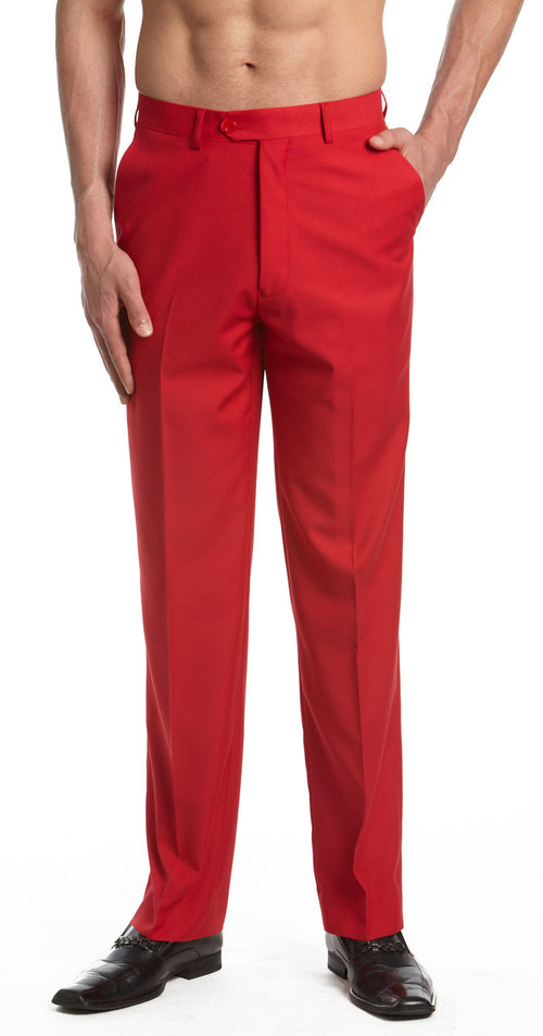 Mens Tuxedo Dress Pants Flat Front Satin Band Mens Tux Pant Trousers - Red with Black Strip