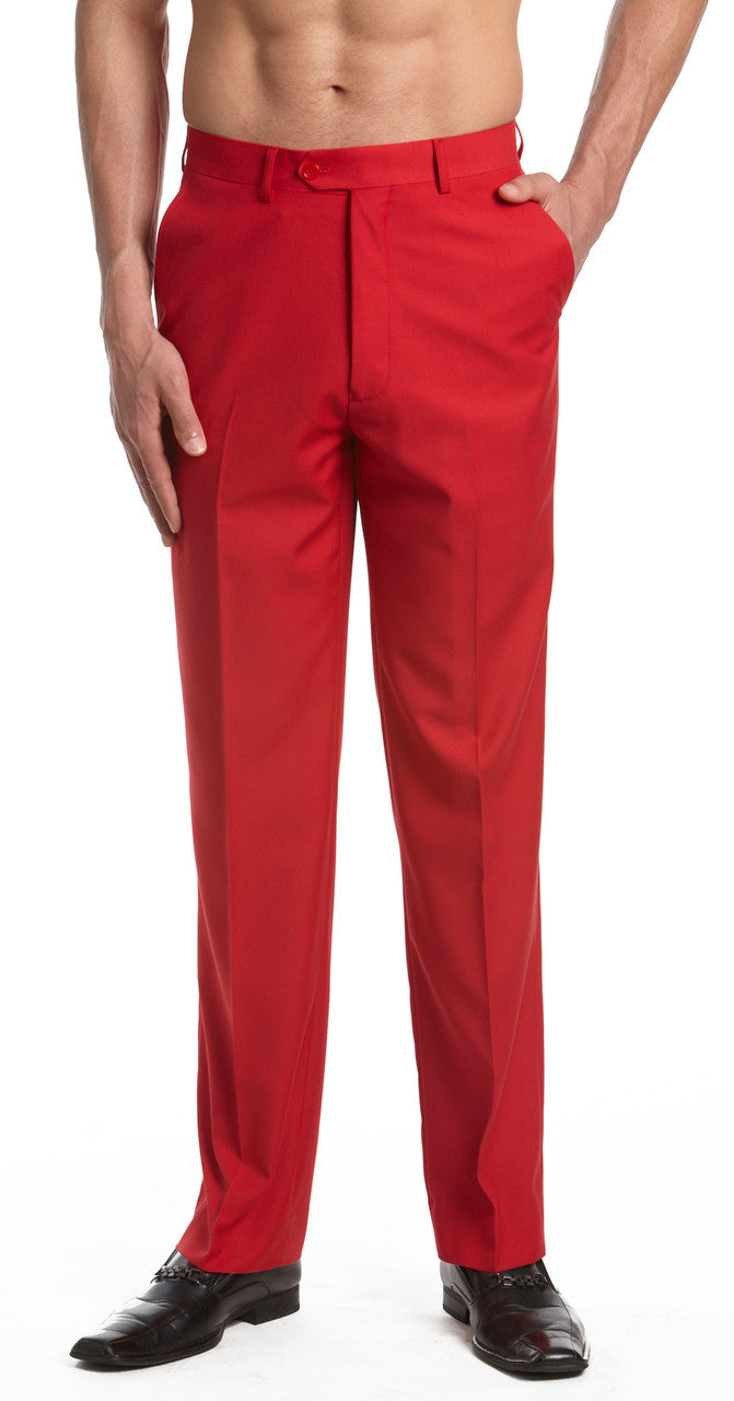Mens Tuxedo Dress Pants Flat Front Satin Band Mens Tux Pant Trousers - Red with Black Strip