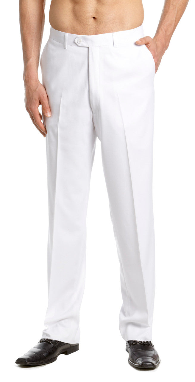 Mens Tuxedo Dress Pants Flat Front Satin Band Mens Tux Pant Trousers - White with Red Strip