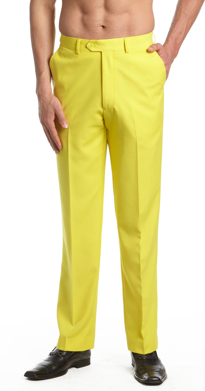 Mens Tuxedo Dress Pants Flat Front Satin Band Mens Tux Pant Trousers - Yellow with Black Strip