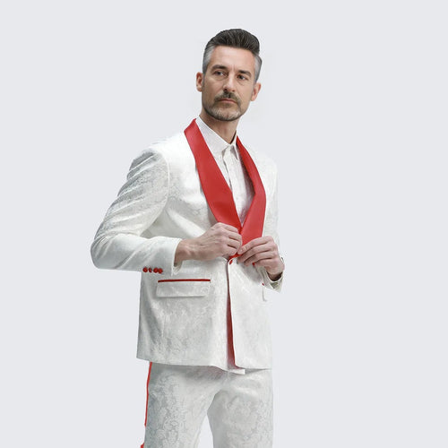 White And Red Tuxedo with Textured Paisley Design Two Piece Set by Bryan Michaels