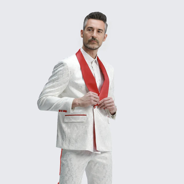 White And Red Tuxedo with Textured Paisley Design Two Piece Set by Bryan Michaels