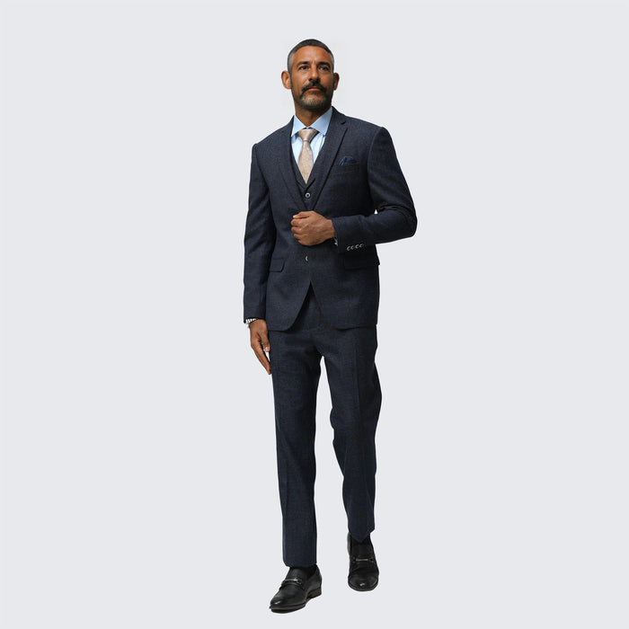 Navy Blue Tweed Suit Three Piece Set - Wedding - Prom by Tazzio