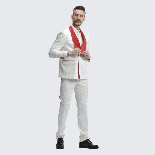 White And Red Tuxedo with Textured Paisley Design Two Piece Set by Bryan Michaels