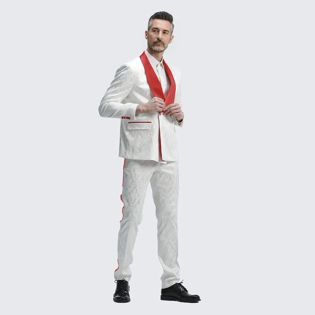 White And Red Tuxedo with Textured Paisley Design Two Piece Set by Bryan Michaels