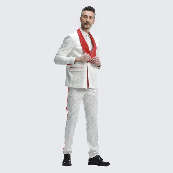 White And Red Tuxedo with Textured Paisley Design Two Piece Set by Bryan Michaels
