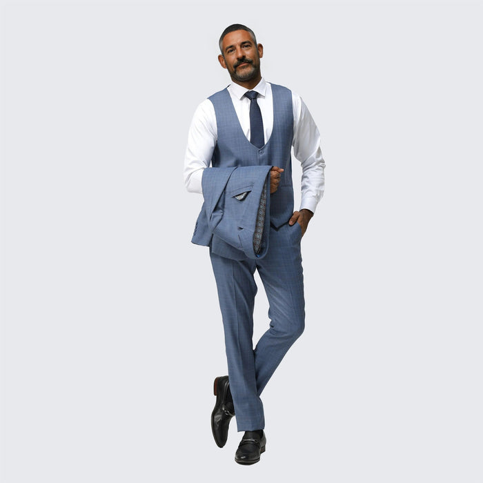 Medium Blue Skinny Fit Suit Three Piece Set - Wedding - Prom by Tazzio