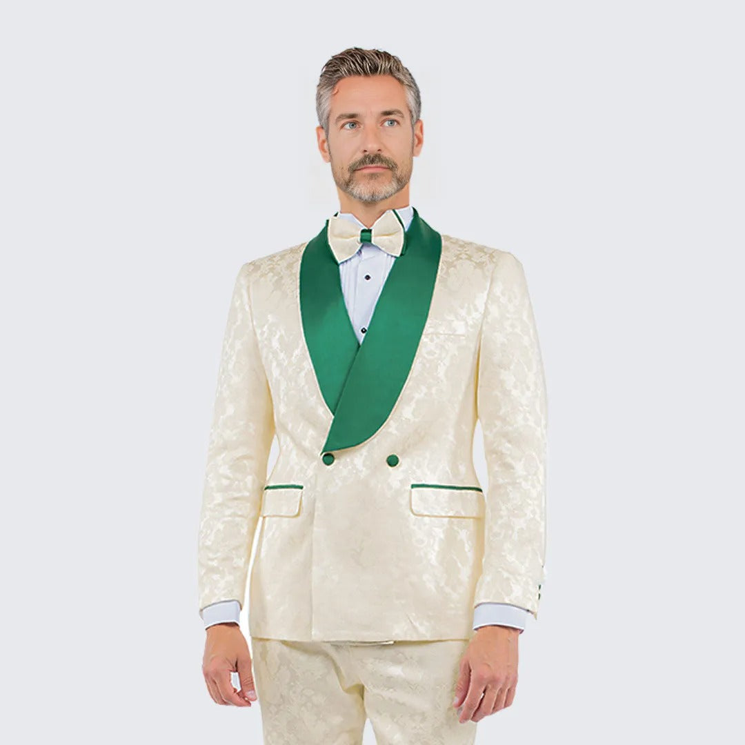 Ivory and Green Tuxedo with Textured Paisley Design Two Piece Set by Bryan Michaels