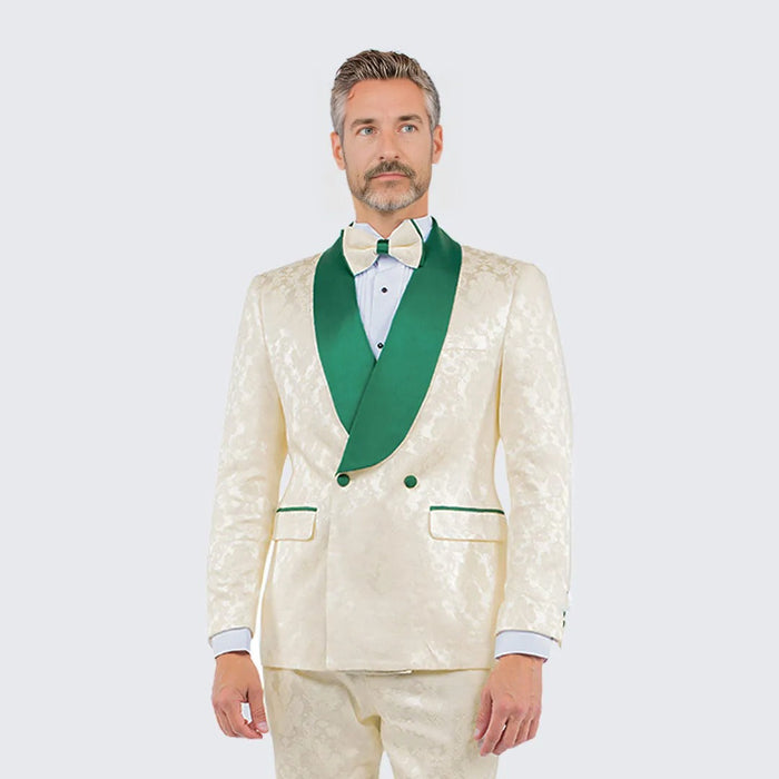 Ivory and Green Tuxedo with Textured Paisley Design Two Piece Set by Bryan Michaels