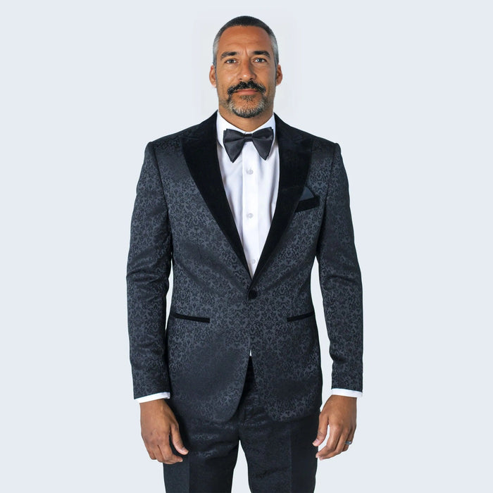 Black Paisley Pattern Tuxedo with Velvet Lapel By Stacy Adams - Wedding - Prom