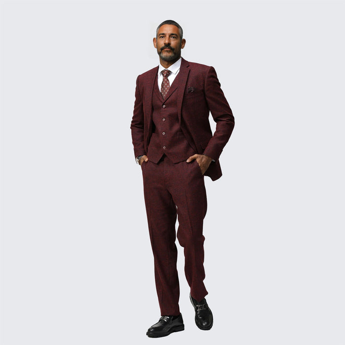 Burgundy Tweed Suit Three Piece Set - Wedding - Prom by Tazzio