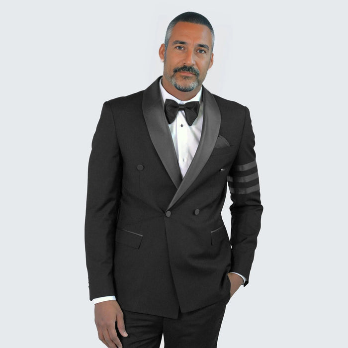 Black Double Breasted Tuxedo With Bar Jacket by Bryan Michaels
