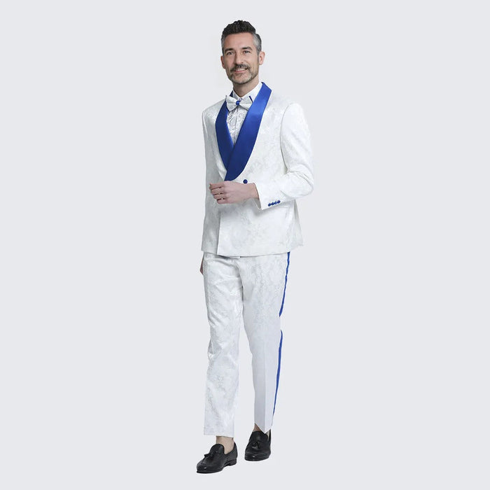 White and Royal Blue Tuxedo with Textured Paisley Design Two Piece Set by Bryan Michaels