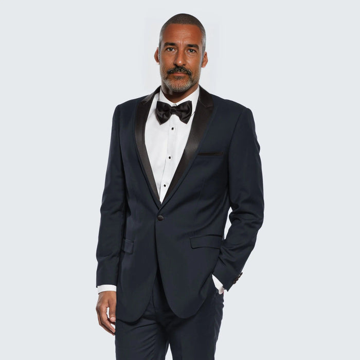 Navy Blue Tuxedo Slim Fit One Button Peak Framed Lapel by Bryan Michaels