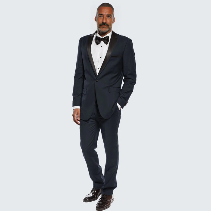 Navy Blue Tuxedo Slim Fit One Button Peak Framed Lapel by Bryan Michaels