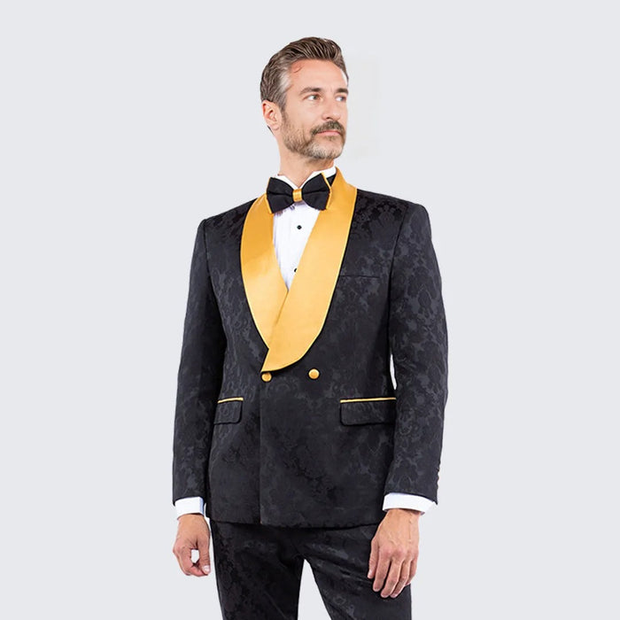 Black and Gold Tuxedo with Textured Paisley Design Two Piece Set by Bryan Michaels