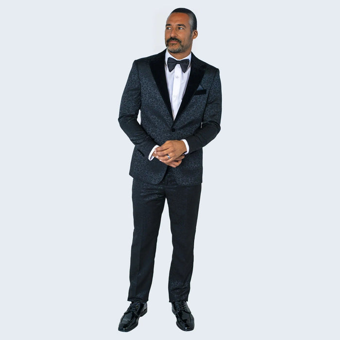 Black Paisley Pattern Tuxedo with Velvet Lapel By Stacy Adams - Wedding - Prom