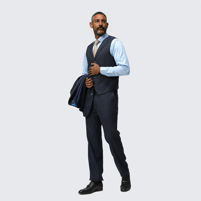 Navy Blue Tweed Suit Three Piece Set - Wedding - Prom by Tazzio