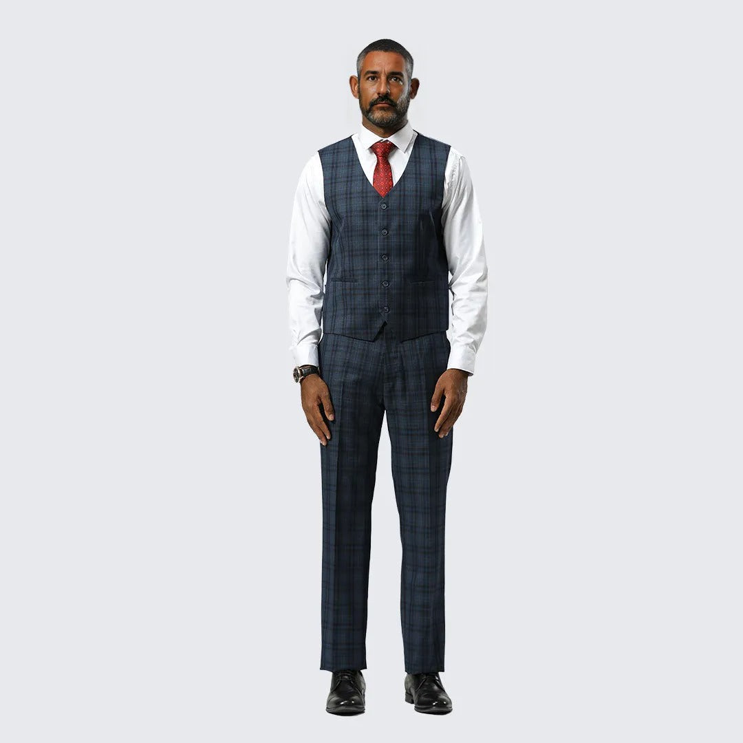 Navy Blue Watch Plaid Three Piece Suit By Stacy Adams- Wedding - Prom