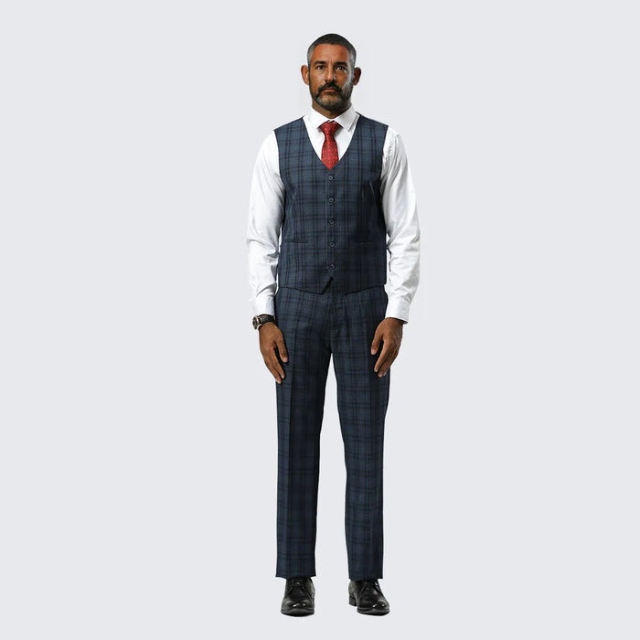Navy Blue Watch Plaid Three Piece Suit By Stacy Adams- Wedding - Prom