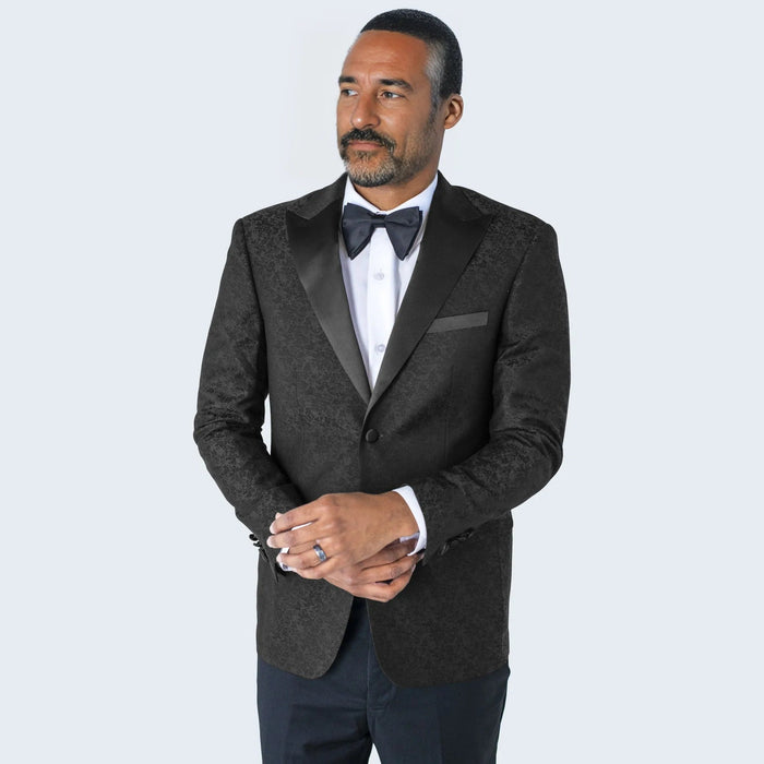 Men's Black Paisley Tuxedo Jacket with Large Peak Lapel Slim Fit - Wedding - Prom by Renoirin