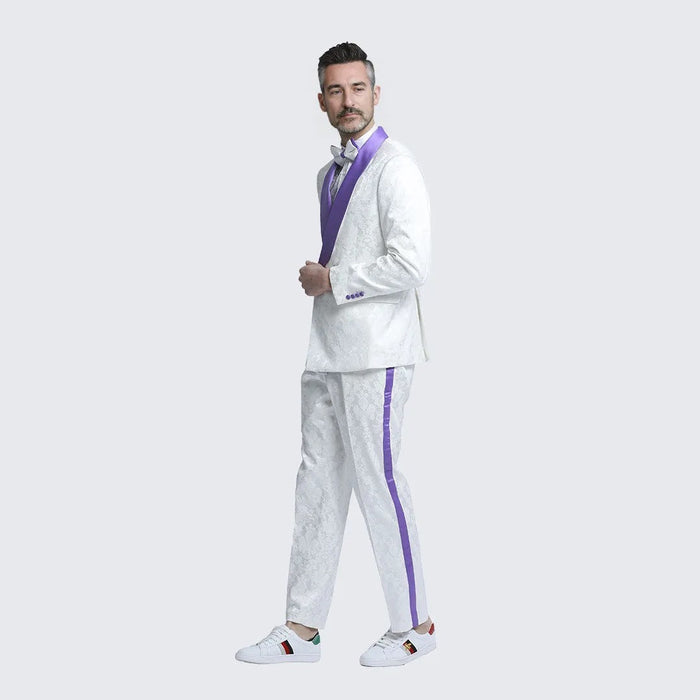White and Purple Tuxedo with Textured Paisley Design Two Piece Set by Bryan Michaels
