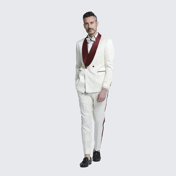 Ivory and Burgundy Tuxedo with Textured Paisley Design Two Piece Set by Bryan Michaels