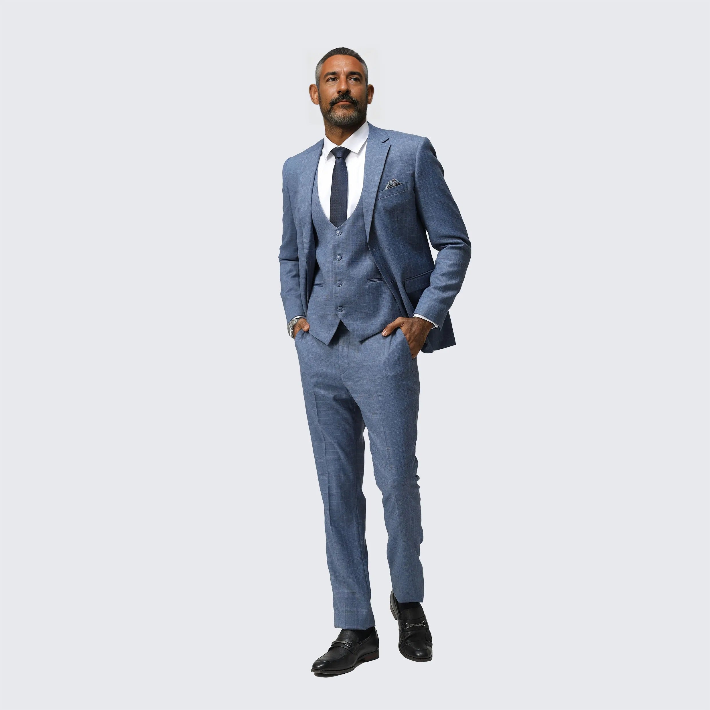 Medium Blue Skinny Fit Suit Three Piece Set - Wedding - Prom by Tazzio