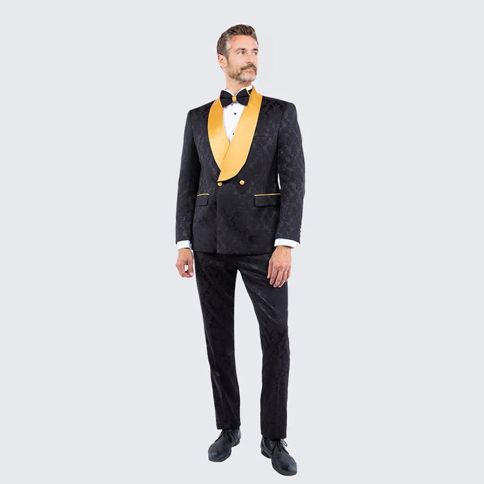 Black and Gold Tuxedo with Textured Paisley Design Two Piece Set by Bryan Michaels