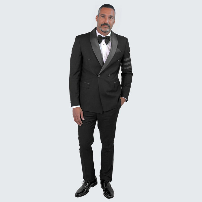 Black Double Breasted Tuxedo With Bar Jacket by Bryan Michaels