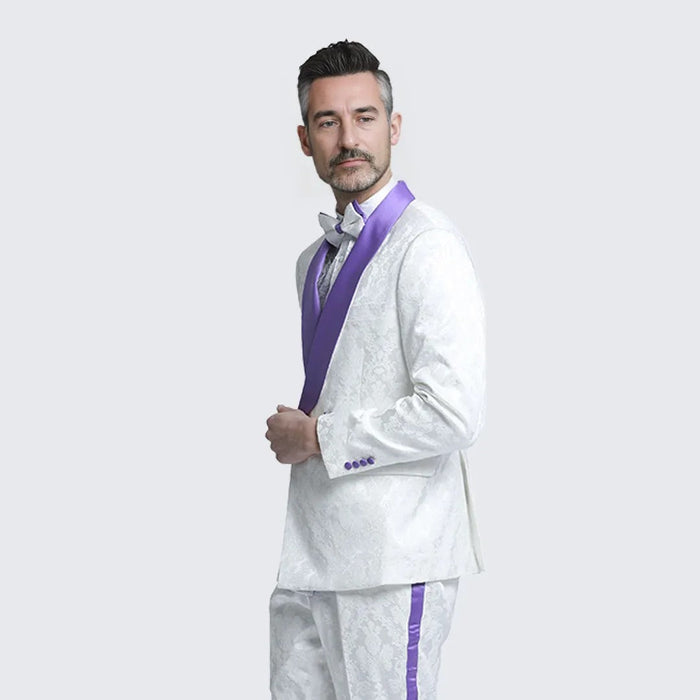 White and Purple Tuxedo with Textured Paisley Design Two Piece Set by Bryan Michaels