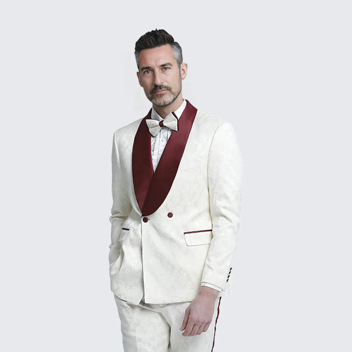 Ivory and Burgundy Tuxedo with Textured Paisley Design Two Piece Set by Bryan Michaels